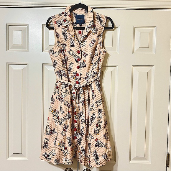 NWT Modcloth Cream Polka Dot Community Brunch Dogs Corgi Shirt Dress Size Large - Picture 2 of 6